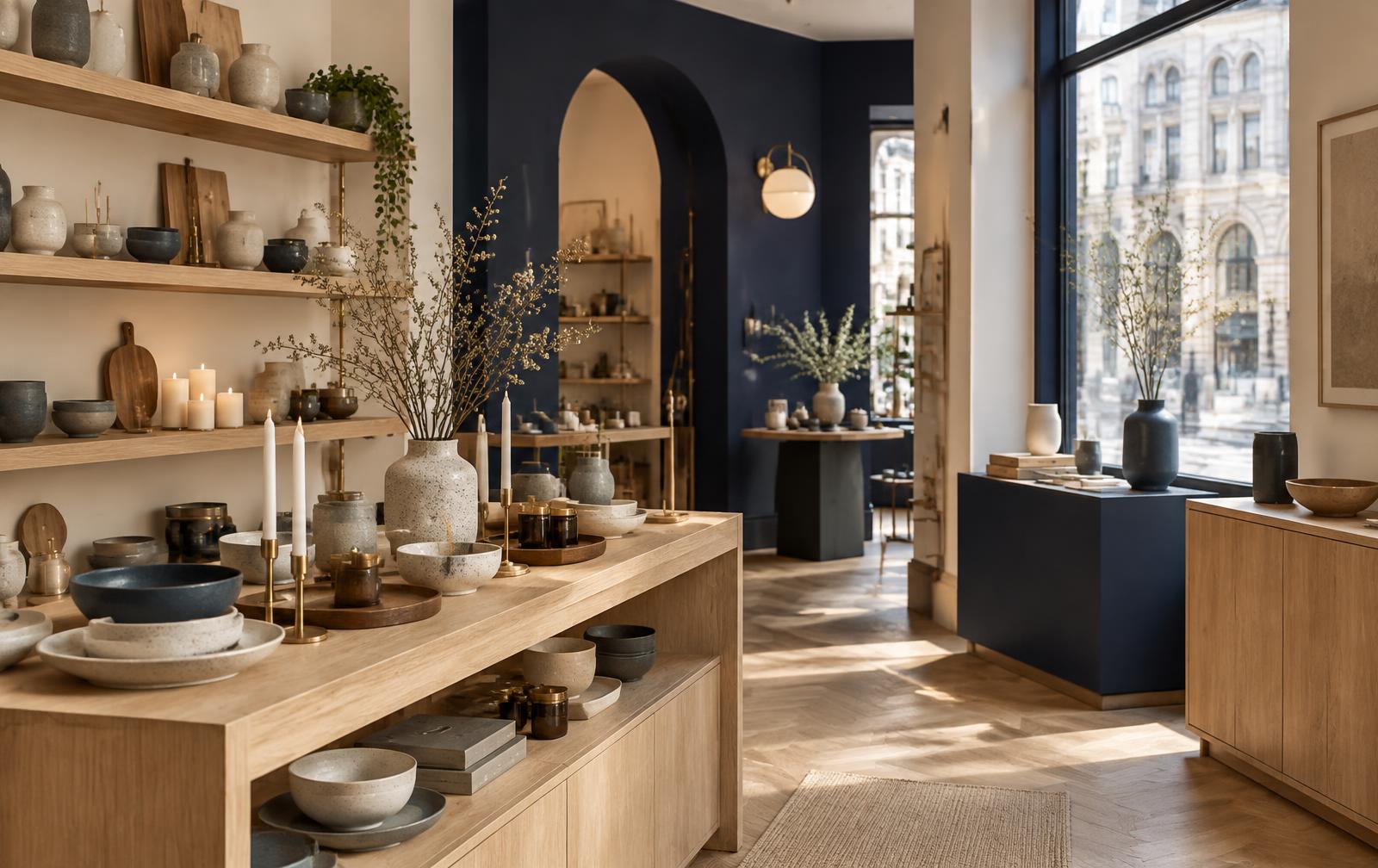 Concept Store in Wien: handgemachte Keramik, Kerzen und Holzobjekte auf hellen Regalen