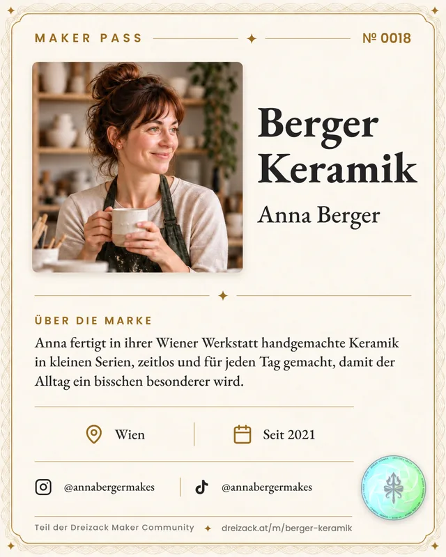Beispiel eines MakerPass: Foto der Gründerin, Markenname, kurzer Satz über die Marke, Ort, Gründungsjahr, Instagram und Maker-Nummer