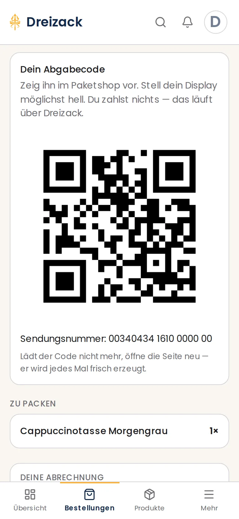 Herstellerbereich am Handy: Abgabecode als großer QR-Code mit Sendungsnummer, darunter das Produkt, das zu packen ist