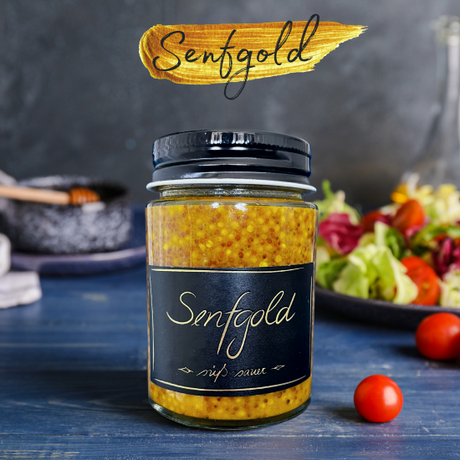 Senfgold: Handgemachter, fermentierter Senf aus Vorarlberg, erhältlich in den Sorten Curry und Süßsauer.