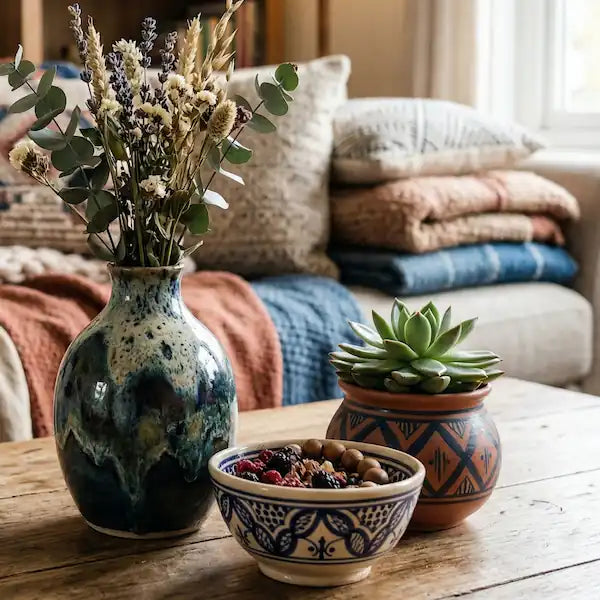 Ein stilvoll eingerichtetes Wohnzimmer mit handgemachten Kerzenständern und einer gemusterten Vase auf einem Holztisch, im Hintergrund Kuscheldecken und Kissen