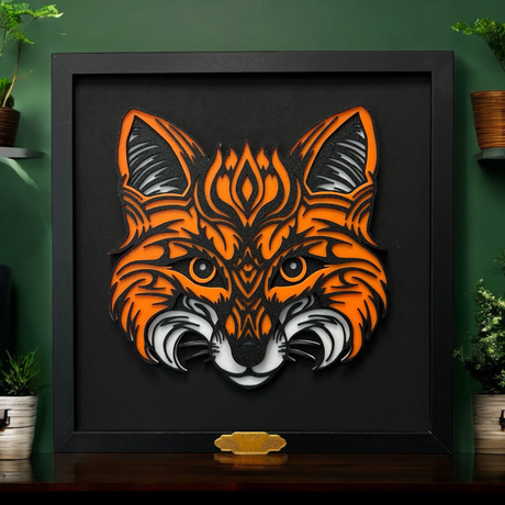 Handgefertigte Layered Art eines fuches im Holzrahmen, 3D-gedrucktes Kunstwerk von NocterraDesign. Größe 29 cm x 29 cm. Ein einzigartiges und faszinierendes Kunstwerk.