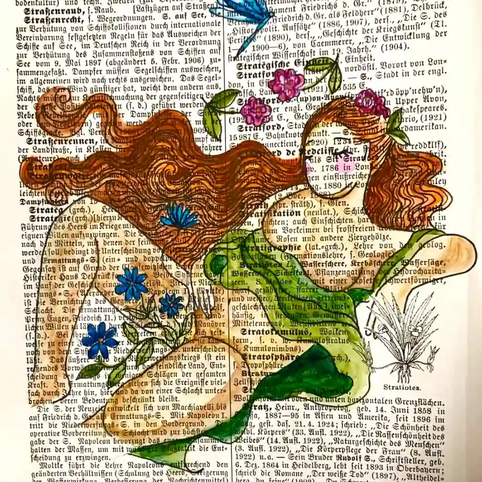 Handgemaltes Kunstwerk auf alter Buchseite – nachhaltige Literatur-Kunst aus der Steiermark. Book Fairy Art Bei Dreizack Wien