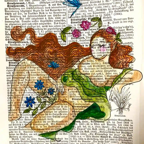 Handgemaltes Kunstwerk auf alter Buchseite – nachhaltige Literatur-Kunst aus der Steiermark. Book Fairy Art Bei Dreizack Wien