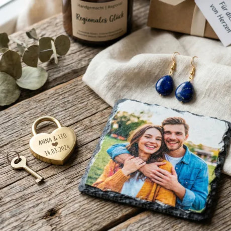 Schiefertafel mit Paarfoto, Herzschloss mit Gravur „Anna & Leo 14.03.2024“ und Schlüssel, dunkelblaue Ohrringe, Duftkerze