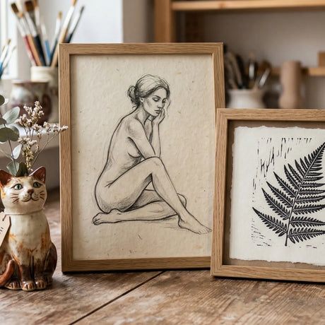 Zwei gerahmte Bilder stehen auf einem Holztisch, links eine Aktzeichnung einer sitzenden Frau als Skizze, rechts ein Linolschnitt mit Farnblattmotiv. Davor steht eine Keramikkatze mit trockenem Eukalyptus.