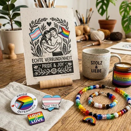Verschiedene bunte handgemachte LGBTQIA+ Geschenke: Pride Kerze, Tasse "Stolz & Liebe", Pins, Schmuck, Kunstdruck "Echte Verbundenheit Pride & Joy"