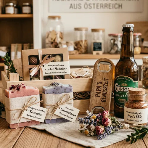 Muttertags- und Vatertagsgeschenkideen: Schachtel Pralinen, rosafarbene Rosenliebe Seife, lilafarbene Lavendeltraum Seife, Holz-Flaschenöffner Papa's Genusszeit, Gösser Bier und Papa's BBQ Grillgewürz in einem Holzkörbchen.