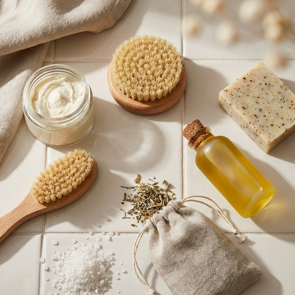 Verschiedene Naturkosmetik-Produkte auf weißen Fliesen: Tiegel mit Körperbutter, zwei Holzbürsten, Seifenstück, Ölfläschchen, Badesalz und Kräuter.