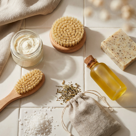 Verschiedene Naturkosmetik-Produkte auf weißen Fliesen: Tiegel mit Körperbutter, zwei Holzbürsten, Seifenstück, Ölfläschchen, Badesalz und Kräuter.