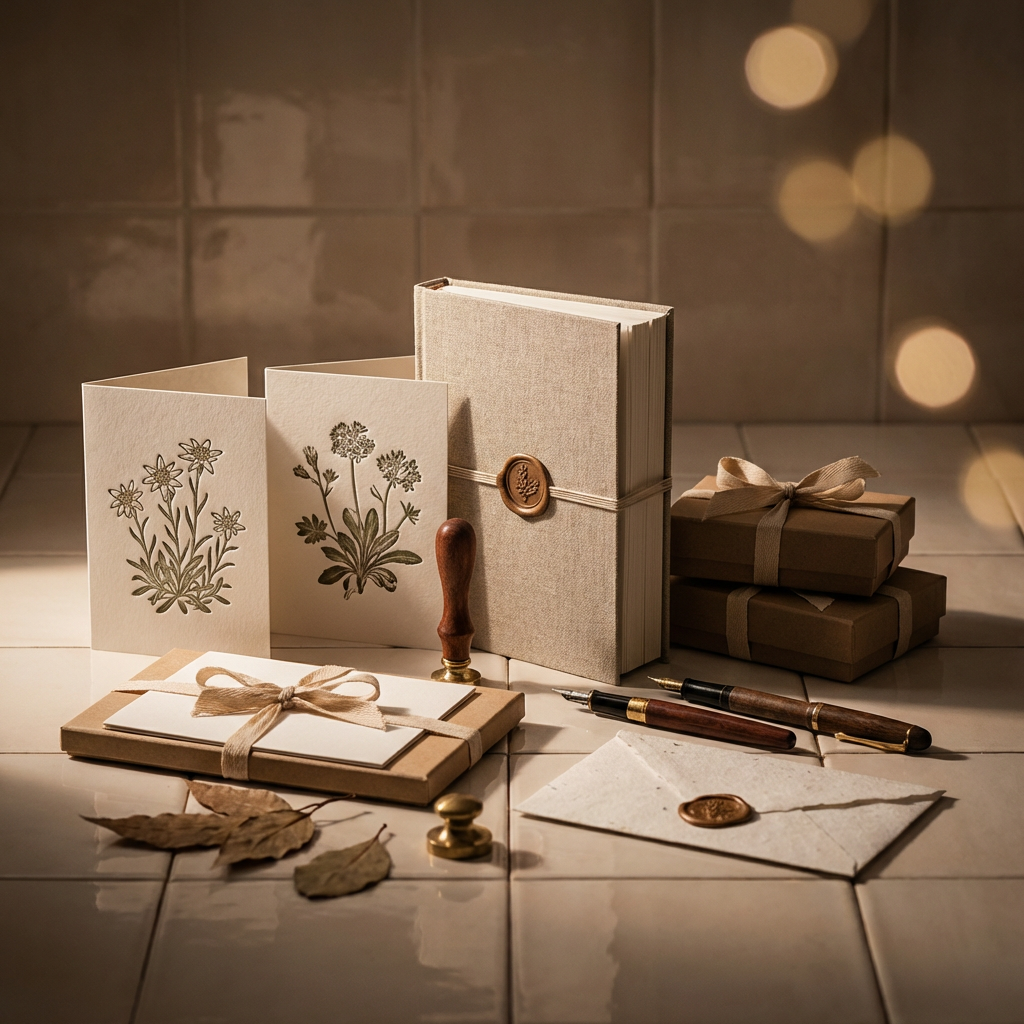 Arrangement aus naturbelassenen Postkarten mit floralen Mustern, Notizbuch und Geschenkschachteln in erdigen Tönen, dazu ein Siegelwachsstempel und zwei Füllfederhalter.