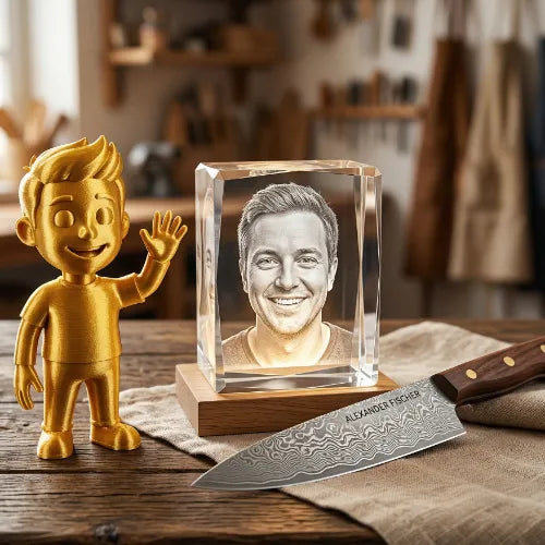 Eine goldene 3D-Druck-Figur, ein Kristallblock mit 3D-Foto und ein personalisiertes Damastmesser auf einem Küchentisch.