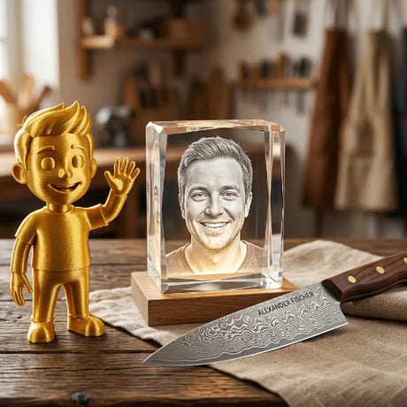 Eine goldene 3D-Druck-Figur, ein Kristallblock mit 3D-Foto und ein personalisiertes Damastmesser auf einem Küchentisch.