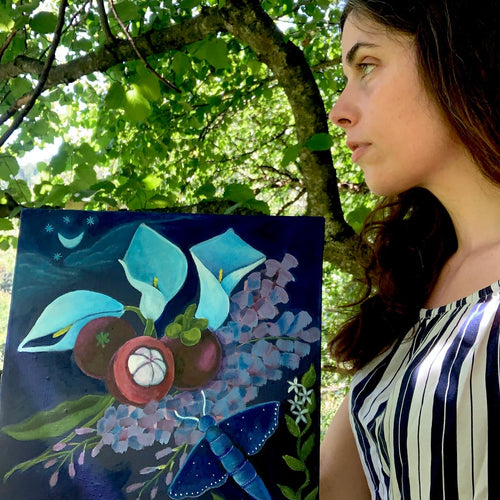 Handgemaltes Acrylgemälde „Nächtlicher Zauber“ von Book Fairy Art mit Motte, Strauß und Mond – mystische Szene in Blau und Grau auf 40×40 cm Leinwand