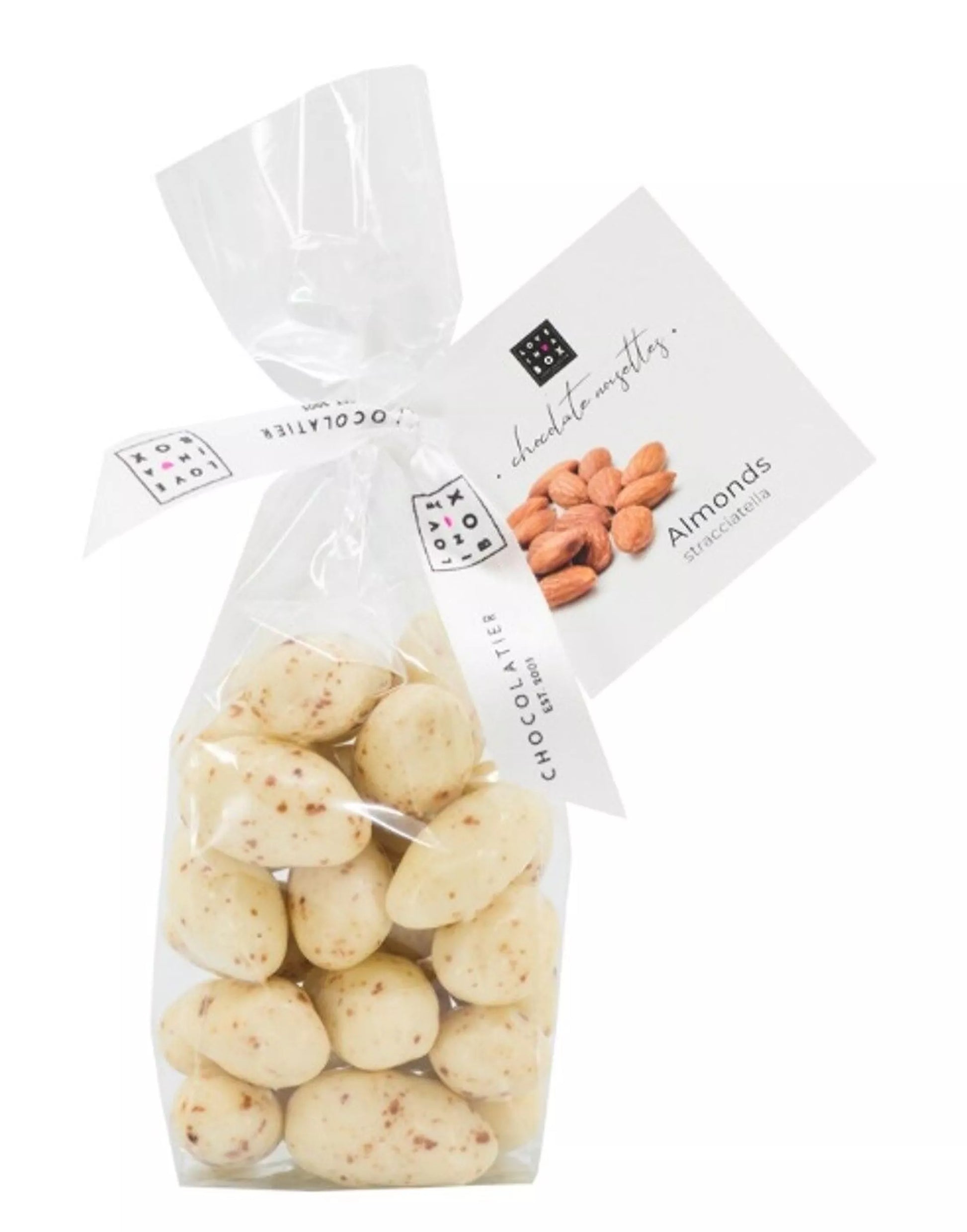 Schoko-Mandeln Stracciatella – geröstete Mandeln mit weißer & dunkler Schokolade, 150 g, handgemacht von Love In A Box Chocolatier