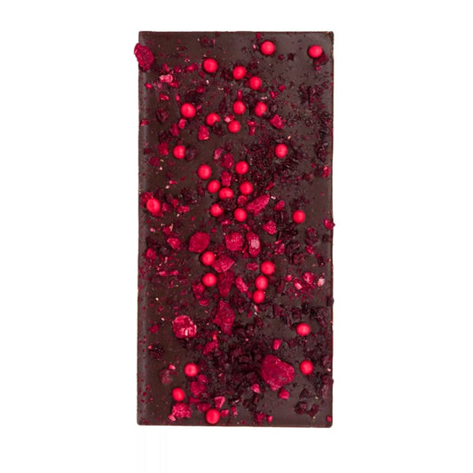 Schokoriegel Kirsche & Himbeere – handgemachte dunkle Schokolade mit gefriergetrockneten Früchten, 100 g, Love In A Box Chocolatier