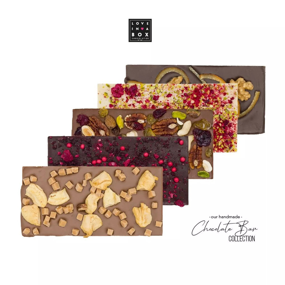 Schokoriegel Luxury Nuts & Cranberries – handgemachte Milchschokolade mit Nüssen & Preiselbeeren, 100 g, Love In A Box Chocolatier