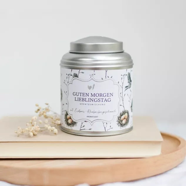 Tee Guten Morgen Lieblingstag – Grüntee mit Erdbeer-Rhabarber-Geschmack, aromatisiert, 100 g, Bake Affair, handveredelt in Österreich