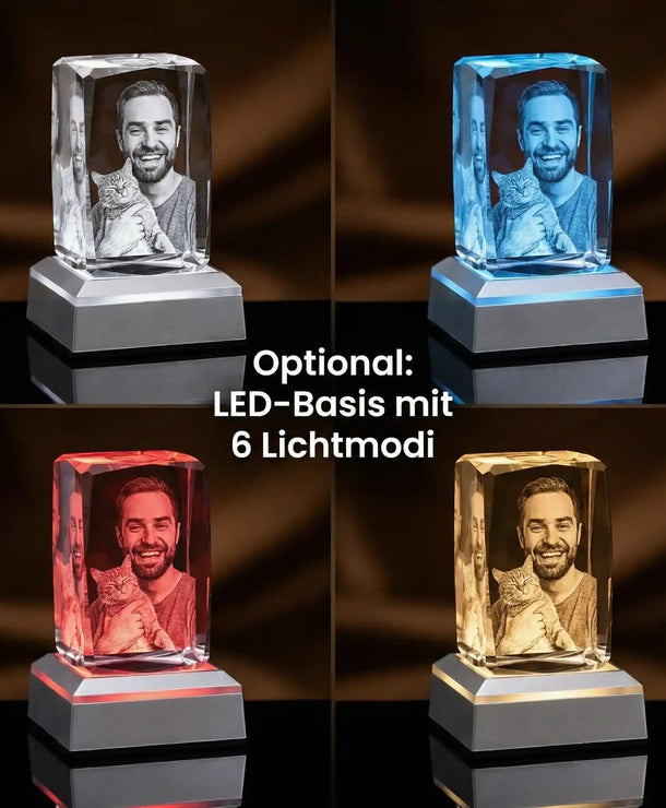 Klassische LED-Leuchtbasis für 3D Glasfotos mit 6 verschiedenen Lichtmodi, Farbwechsel und USB-Anschluss zur optimalen Präsentation des Kristalls.