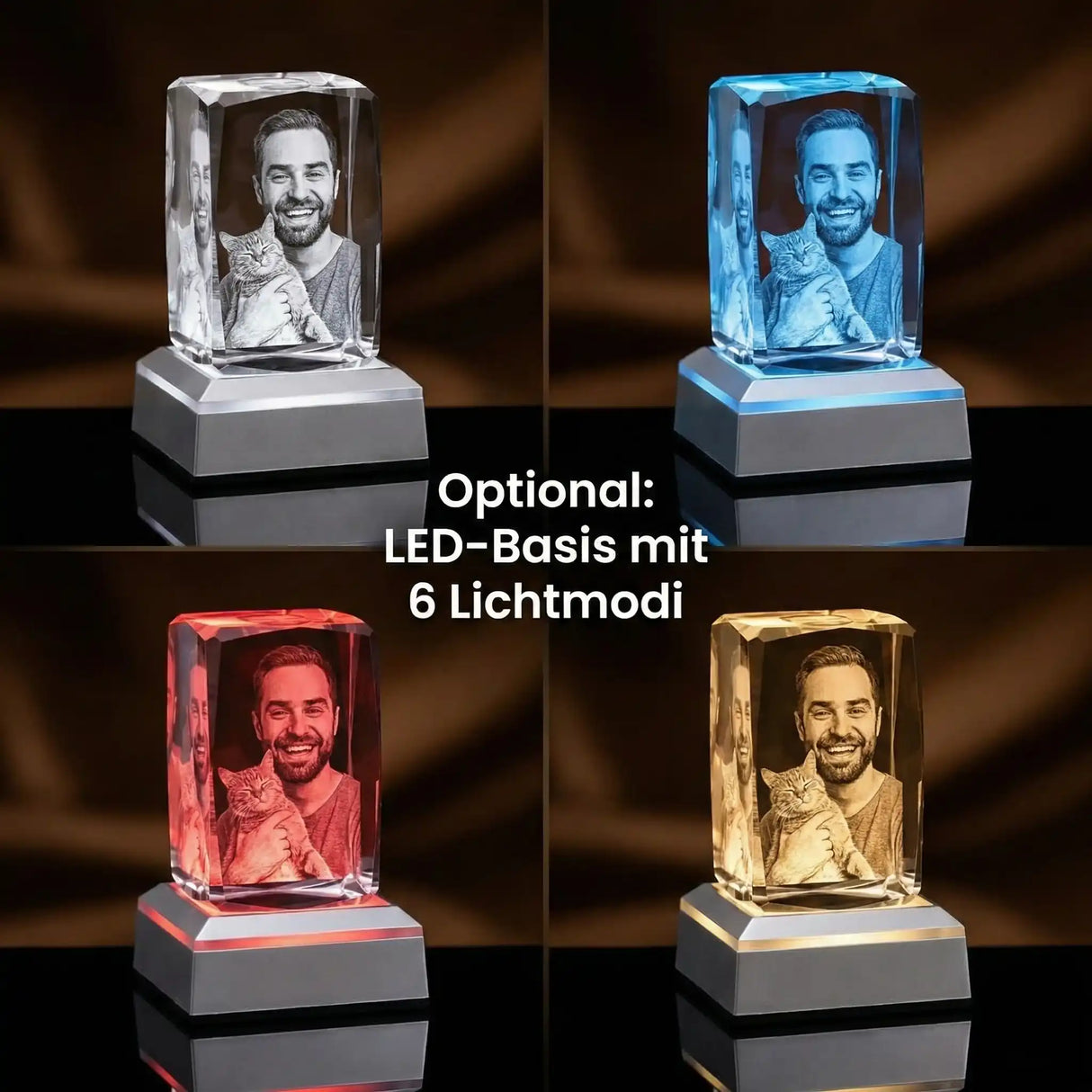 Klassische LED-Leuchtbasis für 3D Glasfotos mit 6 verschiedenen Lichtmodi, Farbwechsel und USB-Anschluss zur optimalen Präsentation des Kristalls.