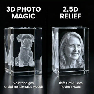 Direkter Vergleich der Gravur-Techniken: Links das 2.5D Relief für plastische Tiefe, rechts die 3D Photo-Magie mit 360-Grad-Effekt im K9 Kristallglas bei Dreizack Wien.