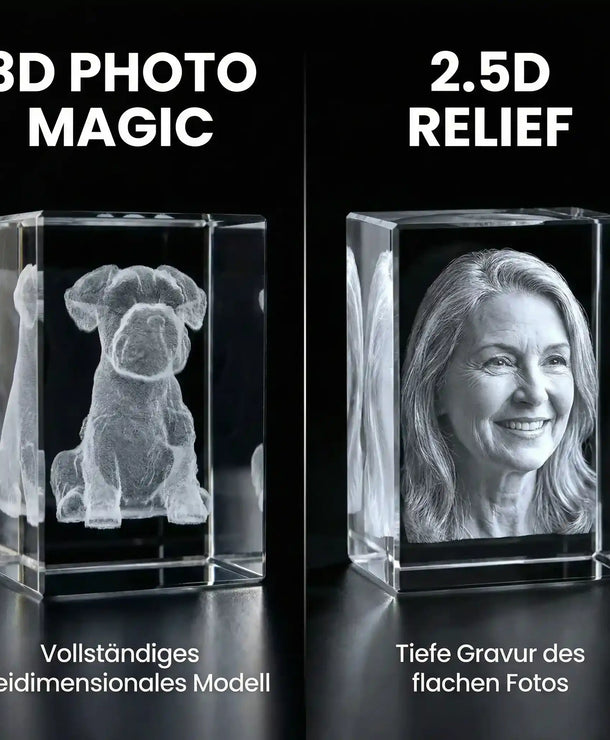 Direkter Vergleich der Gravur-Techniken: Links das 2.5D Relief für plastische Tiefe, rechts die 3D Photo-Magie mit 360-Grad-Effekt im K9 Kristallglas bei Dreizack Wien.