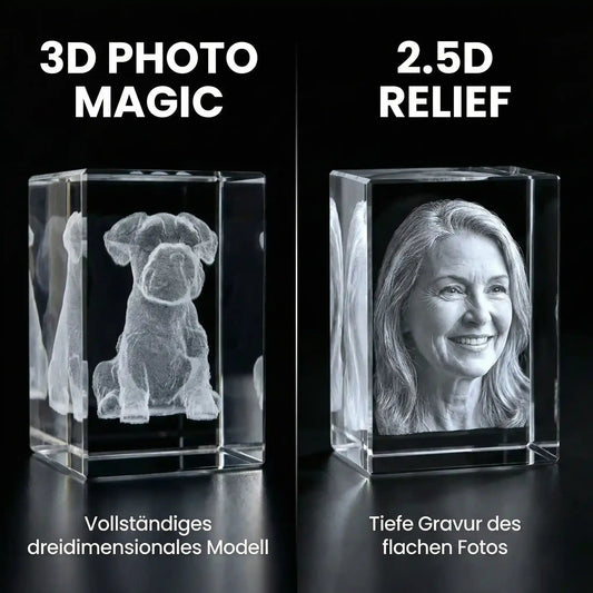 Direkter Vergleich der Gravur-Techniken: Links das 2.5D Relief für plastische Tiefe, rechts die 3D Photo-Magie mit 360-Grad-Effekt im K9 Kristallglas bei Dreizack Wien.