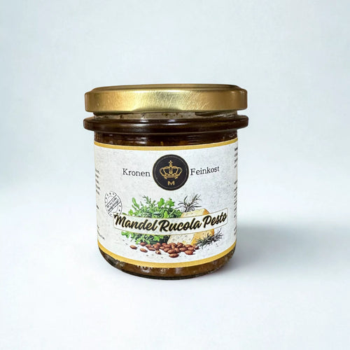 Mandel-Rucola Pesto – handgemachtes Pesto mit Rucola, Mandeln & Rosmarin, 130 g Glas, hergestellt im Burgenland von Kronenfeinkost