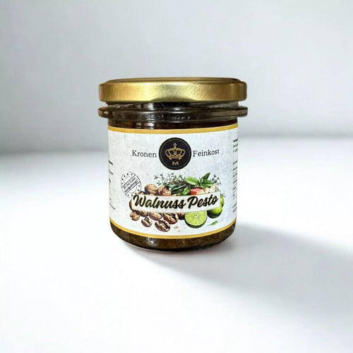 Walnuss Pesto – handgemachtes Pesto aus gerösteten Walnüssen, Cashews & Limetten, 130 g Glas, hergestellt im Burgenland von Kronenfeinkost