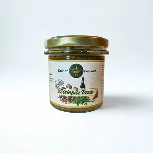 Steinpilz Pesto – handgemachtes Pesto mit 21 % Steinpilzen, Mandeln & Portwein, 130 g Glas, hergestellt im Burgenland von Kronenfeinkost