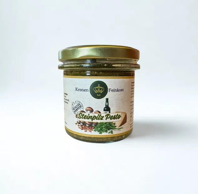 Steinpilz Pesto – handgemachtes Pesto mit 21 % Steinpilzen, Mandeln & Portwein, 130 g Glas, hergestellt im Burgenland von Kronenfeinkost