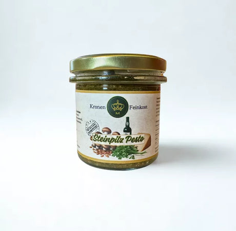 Steinpilz Pesto – handgemachtes Pesto mit 21 % Steinpilzen, Mandeln & Portwein, 130 g Glas, hergestellt im Burgenland von Kronenfeinkost