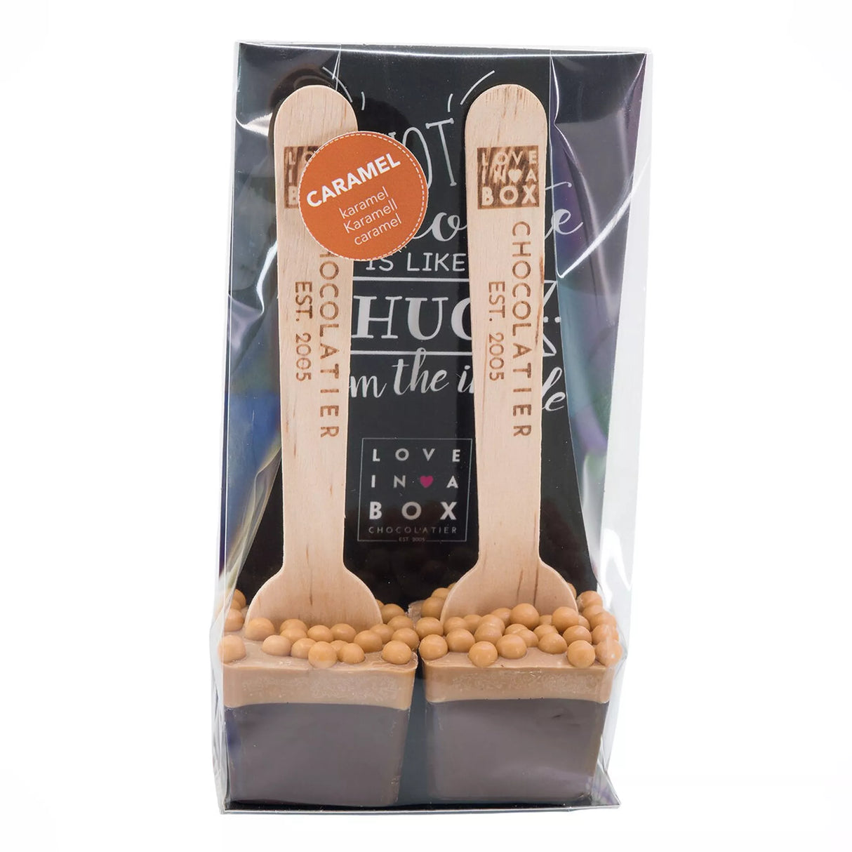 Heiße Schokoladenlöffel Dunkle Schokolade & Karamell – handgemachter Hot Chocolate Spoon mit Salzkaramell, 90 g, Love In A Box Chocolatier