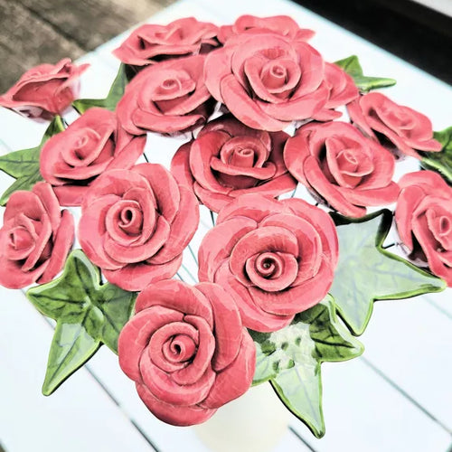 Keramik Rose hellrosa in wien – handgemachte Gartenrose aus Keramik, wetterfest, 39 cm