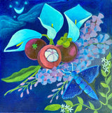 Handgemaltes Acrylgemälde „Nächtlicher Zauber“ von Book Fairy Art mit Motte, Strauß und Mond – mystische Szene in Blau und Grau auf 40×40 cm Leinwand
