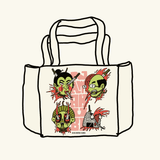 „Namakubi“ Tote Bag von Heldbergs Games mit vier ikonischen Köpfen, aus 16-Unzen-Baumwolle. Maße 32 x 33 x 16 cm, mit Magnetverschluss und Innentasche. Japanisches Design trifft auf praktischen Stil.