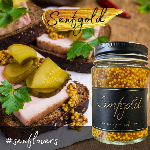 Senfgold Curry – Handgemachter, fermentierter Currysenf aus Vorarlberg, ideal zu Käse, Fleisch, Salaten und als Marinade, hergestellt mit natürlichen Zutaten wie Honig und Kurkuma