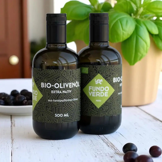 Natives Bio-Olivenöl extra von Fundo Verde in dunklem Glas – Criolla-Oliven aus Peru, nachhaltige Produktion, beste Qualität.