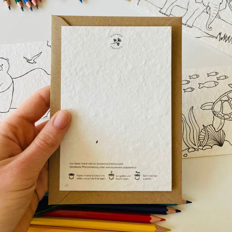 Einpflanzbare Ausmalkarten-Set mit Tiermotiven von Blühwerk – 4 kreative Karten zum Ausmalen und Einpflanzen, nachhaltiges Geschenk für Kinder