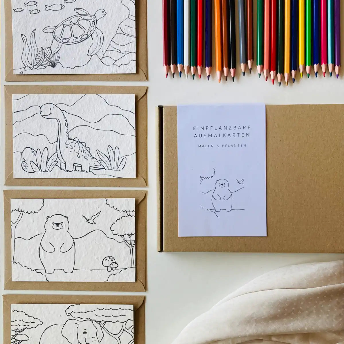 Einpflanzbare Ausmalkarten-Set mit Tiermotiven von Blühwerk – 4 kreative Karten zum Ausmalen und Einpflanzen, nachhaltiges Geschenk für Kinder