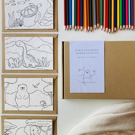 Einpflanzbare Ausmalkarten-Set mit Tiermotiven von Blühwerk – 4 kreative Karten zum Ausmalen und Einpflanzen, nachhaltiges Geschenk für Kinder