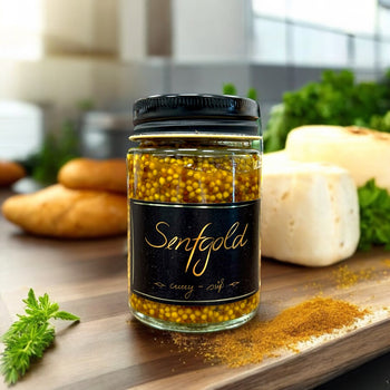 Senfgold Curry – Handgemachter, fermentierter Currysenf aus Vorarlberg, ideal zu Käse, Fleisch, Salaten und als Marinade, hergestellt mit natürlichen Zutaten wie Honig und Kurkuma