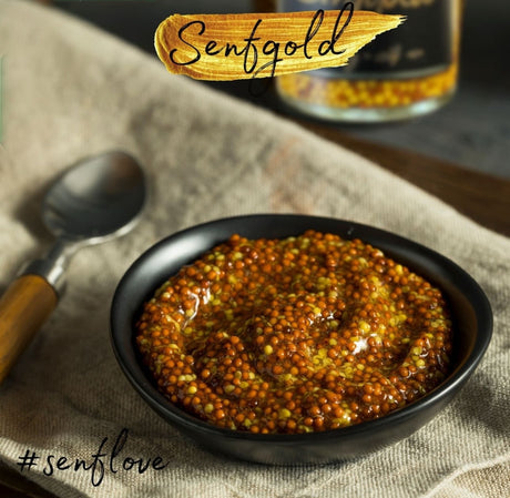 Senfgold Curry – Handgemachter, fermentierter Currysenf aus Vorarlberg, ideal zu Käse, Fleisch, Salaten und als Marinade, hergestellt mit natürlichen Zutaten wie Honig und Kurkuma