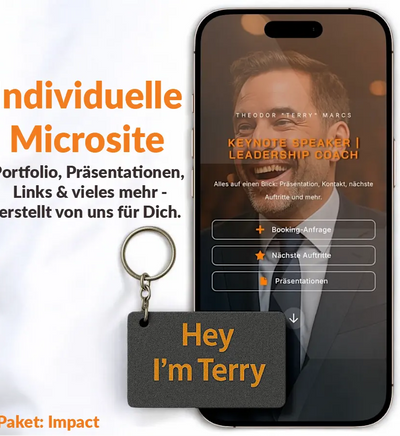 NFC-Schlüsselanhänger von Keynect überträgt eine personalisierte Microsite mit Branding, Buttons und Portfolio-Inhalten.