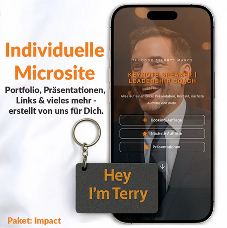 NFC-Schlüsselanhänger von Keynect überträgt eine personalisierte Microsite mit Branding, Buttons und Portfolio-Inhalten.
