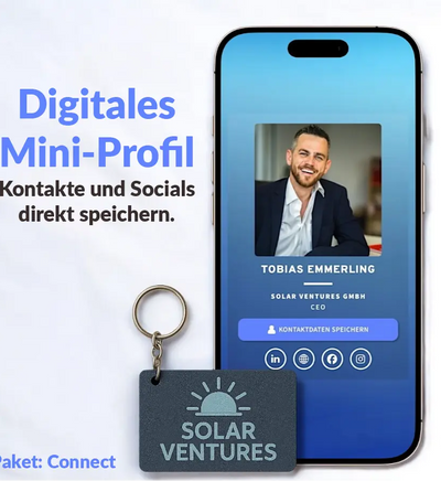 Smartphone zeigt ein digitales Mini-Profil mit Name, Position und Social-Media-Links, verbunden mit einem Keynect Schlüsselanhänger.