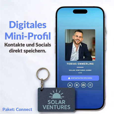 Smartphone zeigt ein digitales Mini-Profil mit Name, Position und Social-Media-Links, verbunden mit einem Keynect Schlüsselanhänger.