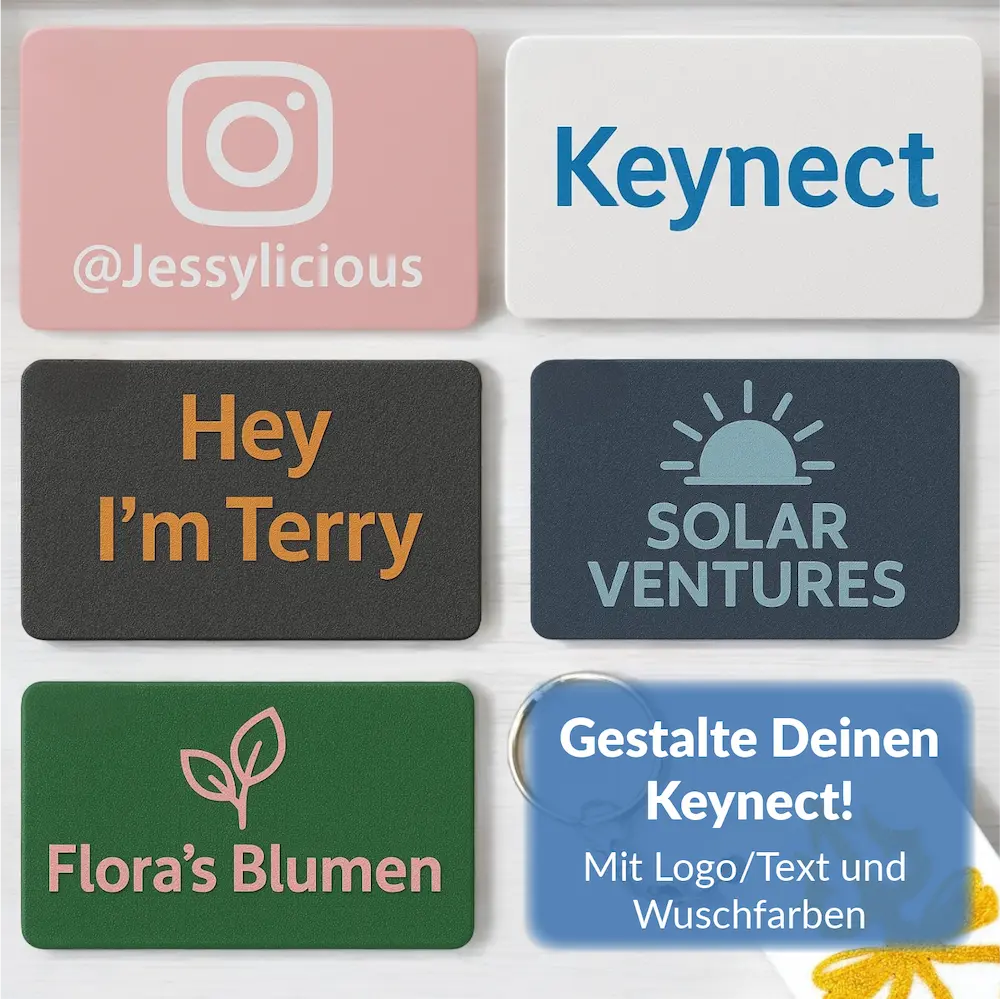 Verschiedene Keynect NFC-Schlüsselanhänger mit individuellen Logos und Farben nebeneinander auf Holzfläche angeordnet.