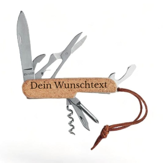 Personalisierbares Taschenmesser aus Holz, PU-Lederband (vegan) und Edelstahl mit Gravur, vielseitiges Multifunktionstool, nachhaltig produziert und individuell graviert in Wien.