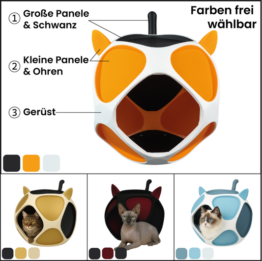 PetPod Katzenhaus mit farblich frei wählbaren Zonen – Beispielkombinationen für Gerüst, 4-eckige Panele mit Schwanz und 3-eckige Panele mit Ohren